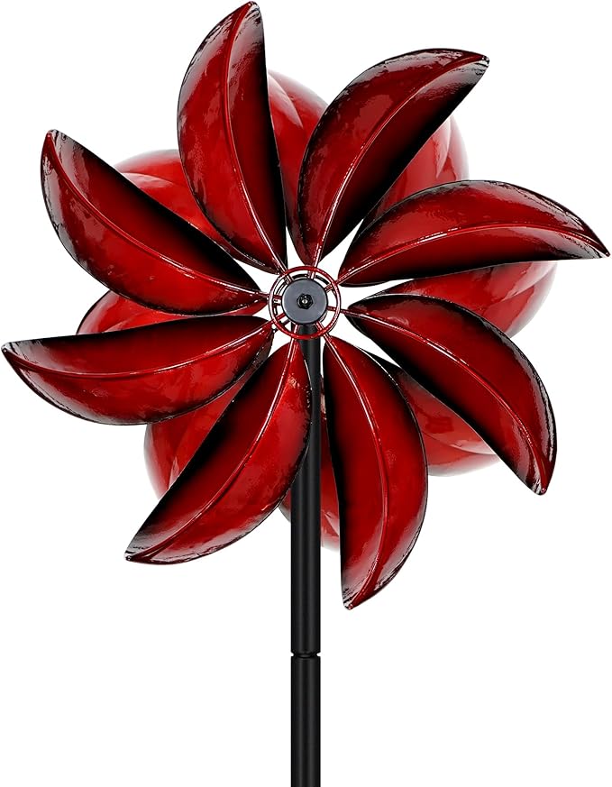 Wind Spinners Outdoor - Red Metal Windmill with Stake for Yard and Garden, Kinetic Wind Sculptures & Spinners, Gift Decor Ideas for Garden Lovers (12" W x 70" H)