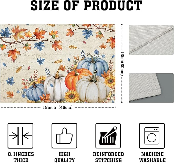 Fall Pumpkin Maple Leaf Placemats Set of 4 Vintage Rustic Autumn Thanksgiving Harvest Place Mats 12x18 Inch Seasonal Washable Table Mats for Party Kitchen Dining Decoration