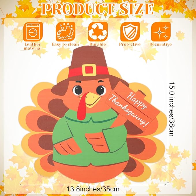 Remerry 6 Pcs Thanksgiving Leather Table Placemats Washable Turkey Table Mats Turkey Gobble Placemats Easy to Clean Thanksgiving Day Leather Place Mats for Fall Harvest Party Kitchen Dining Decoration