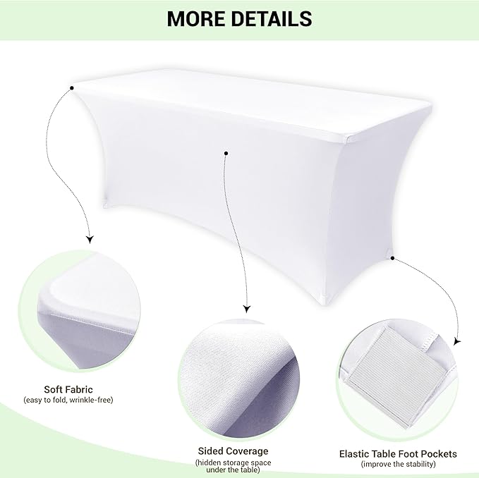 Obstal Spandex Table Cover 6ft Fitted Tablecloth Rectangular - Stretch Rectangle Folding Table Cloth for Birthday Party Wedding Banquet, White, 72L x 30W Inch