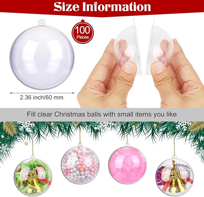 ANVAVO 100 Pieces 60mm Christmas Clear Plastic Fillable Ball Ornaments DIY Craft Transparent Baubles Shatterproof Christmas Tree Hanging Ornaments for Christmas New Years Birthday Wedding Home Decor