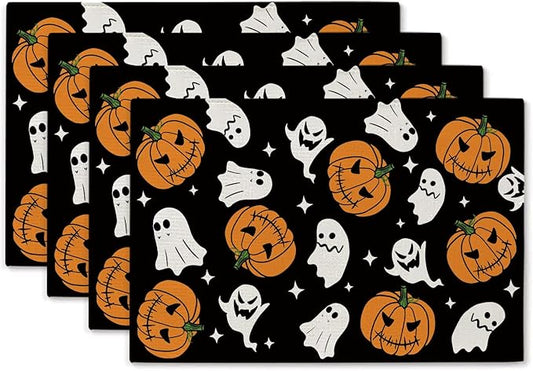 Halloween Placemats Pumpkins Ghost Set of 4 Table Mats Seasonal Home Party Kitchen Dining Table Decorations 12x18 Inch