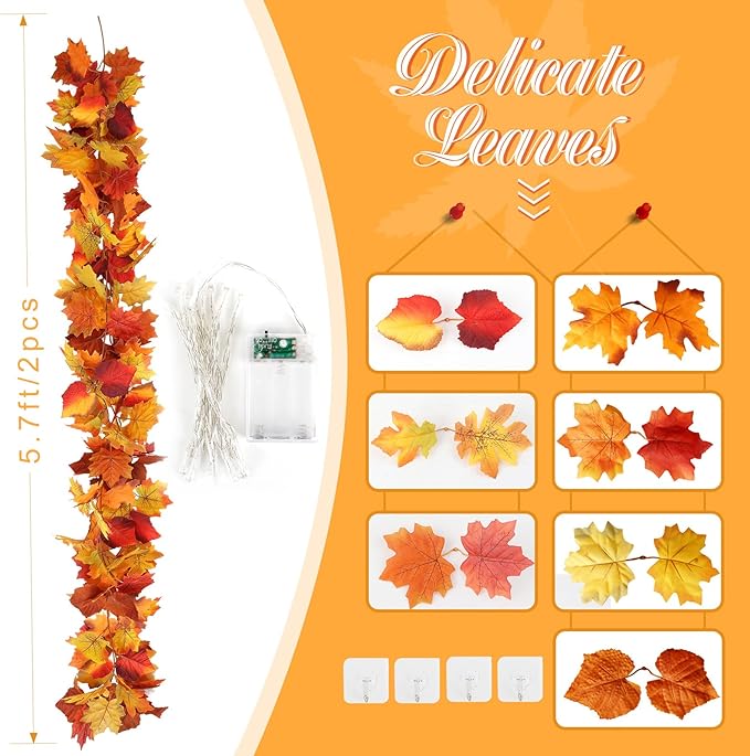 Joyhalo 2 Pack Fall Garland with Lights, Fall Leaves for Mantle, Outdoor Lighted Up Leaf Garland Autumn Decor with 6.5FT LED String Lights, Hanging Maple Leaves for Door, Thanksgiving Decor