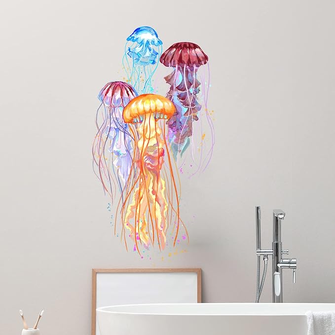 Colorful Beautiful Jellyfishes Wall Decal Nursery Sea Animal Marine Organism Wall Sticker Removable Peel and Stick Waterproof Wall Art Decor Stickers for Kids Baby Classroom Living Room