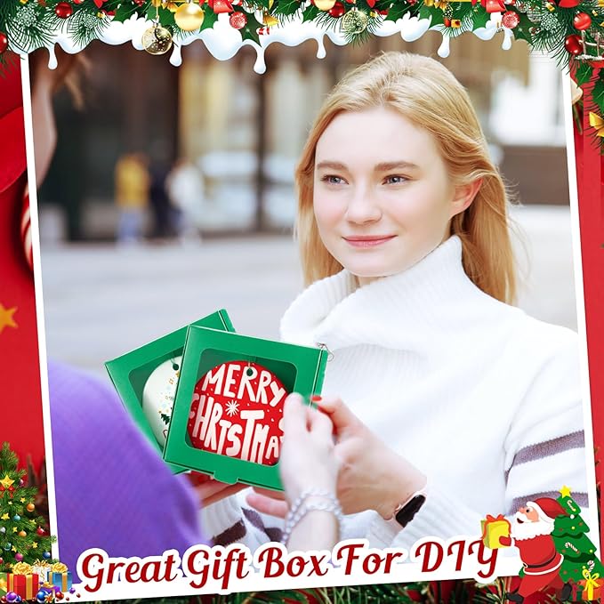 25 Pcs Sublimation Ornament Blanks Box 3.6"x3.6"x0.7" Christmas Ornaments Holder Ceramic Discs Packaging Box with Window for Personalized Xmas Tree Blanks Bulk (Green)