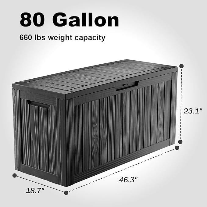 80 Gallon Deck Box Large Outdoor Storage for Patio Furniture,Outdoor Cushions,Garden Tools and Pool Supplies,Waterproof,Resin,Lockable(Black) (Black, 80 Gallon)