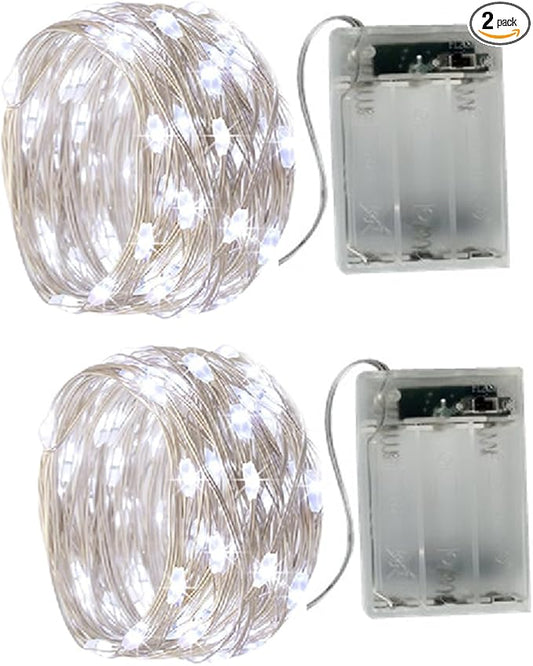 2 x20LEDs Fairy Lights Battery Operated, Silver Wire 2 Mode Chains String Lights for Bedroom Christmas Party Decoration (Cool White, 6.6)