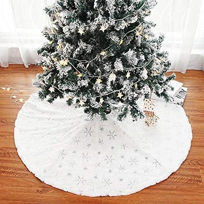 48inch White Christmas Tree Skirt Tree Carpet Blanket, Soft 4ft Xmas Christmas Tree Blanket with Silver Snowflake White Faux Fur Carpet for Christmas Holidays