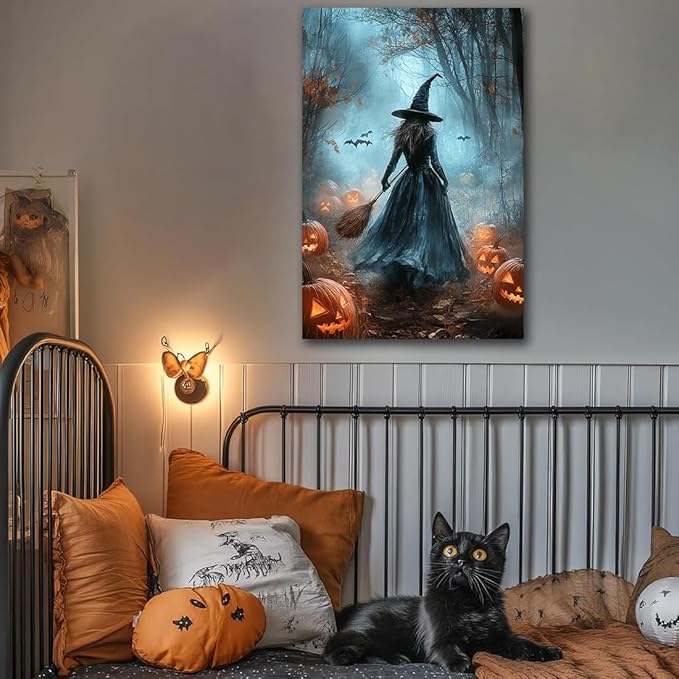 Vintage Moody Halloween Witch Artwork Wall Decor,Spooky Halloween Gothic Canvas Artwork Creepy Horror Witch with A Broom Pumpkin Bats Rustic Forest Picture,Dark Academia Poster,16"x24" Framed