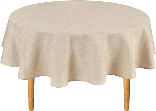 Hiasan Round Linen Tablecloth 90 Inch - Wrinkle and Stain Resistant Washable Polyester Fabric Table Cloth for Dining Room Kitchen Party, Beige