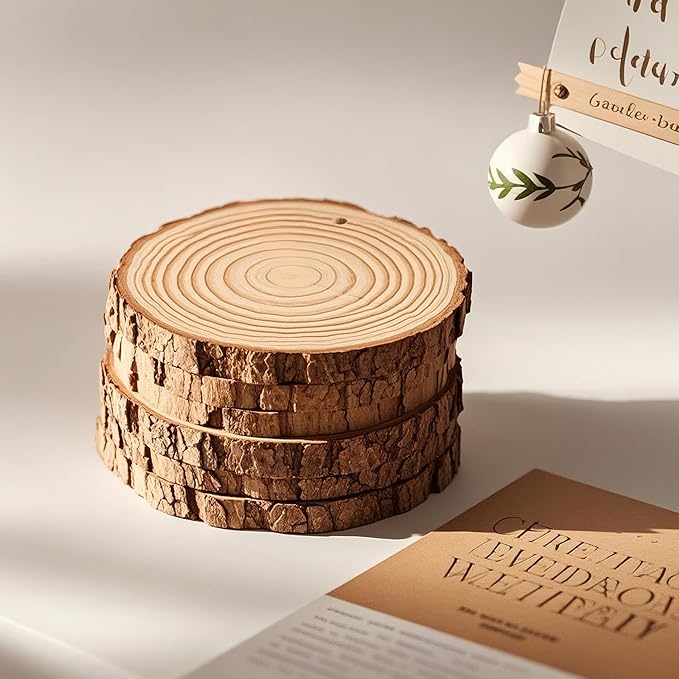 20PCS Pre-Drilled Wood Slices with Holes, 3.2-4 Inch Natural Pine Discs & 8M Hemp Rope, Sanded Smooth DIY Crafts Kit for Christmas Ornaments, Rustic Wedding Decor, Kids Art (30pcs)