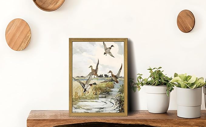 Vintage Framed Duck Wall Art Print, Rustic Mallard Bird Illustration Canvas Poster, Cottagecore Animal Artwork, Farmhouse Nature Wall Decor for Living Room Kitchen Bathroom Bedroom 12x16 inch