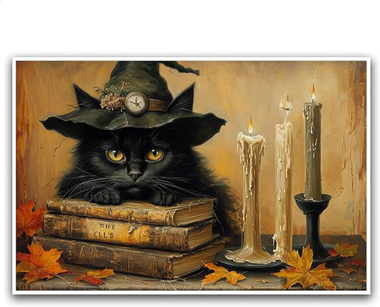 JFHCQJPK Vintage Halloween wall decoration black cat and magic book suitable for home bedroom living room decoration dark classic art witch wall decoration20x30in Frameless