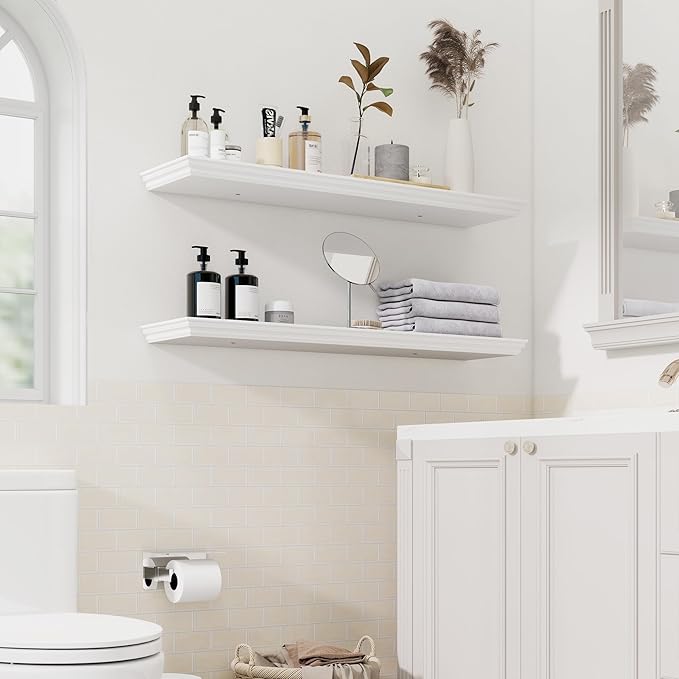 Floating Shelves for Wall, 36 Inch Long Wall Mounted White Hanging Shelf for Kitchen, Living Room, Office, Bedroom, Bathroom, Retro Vintage Wood Bookshelf for House Decor