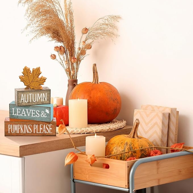 4 Pcs Fall Decor Fall Table Centerpiece Decorations Wooden Maple Leaf Autumn Tiered Tray Rustic Wood Maple Leaf Block Sign Thanksgiving Table Signs Farmhouse for Home Shelf