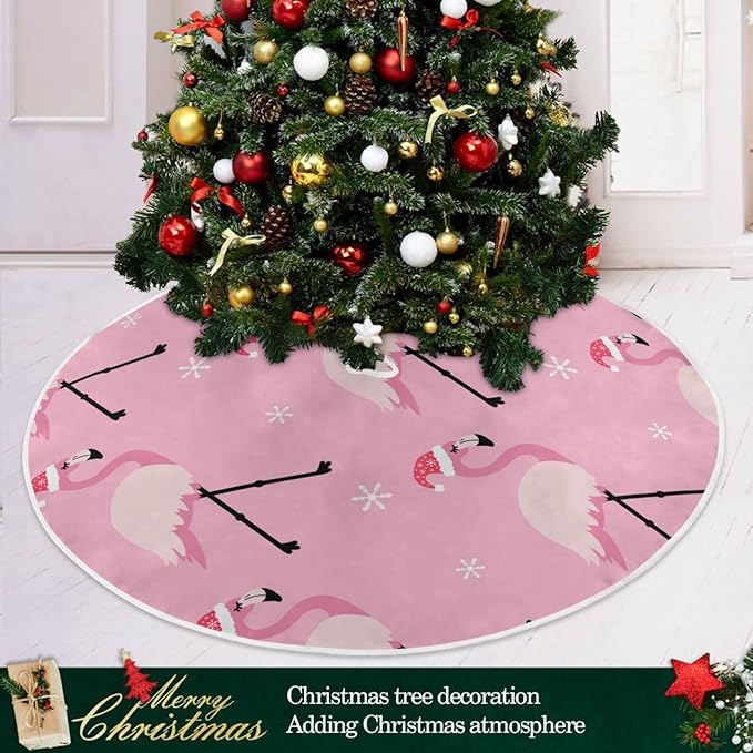 Christmas Pink Flamingo Tree Skirt, Seasonal Tree Mat Holiday Party Supplies Ornaments Indoor Outdoor Decorations for Tabletop Trees 47.2 Inches