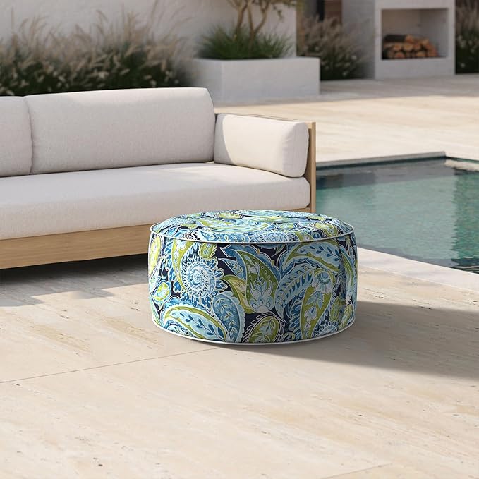 Inflatable Ottoman Stool D21 xH9 for Outdoor/Indoor Use, Water Repellent Patio Foot Rest with Portable Handle,Round Pouf Ottoman Suitable for Garden,Deck and Camping - Paisley Lapis Green