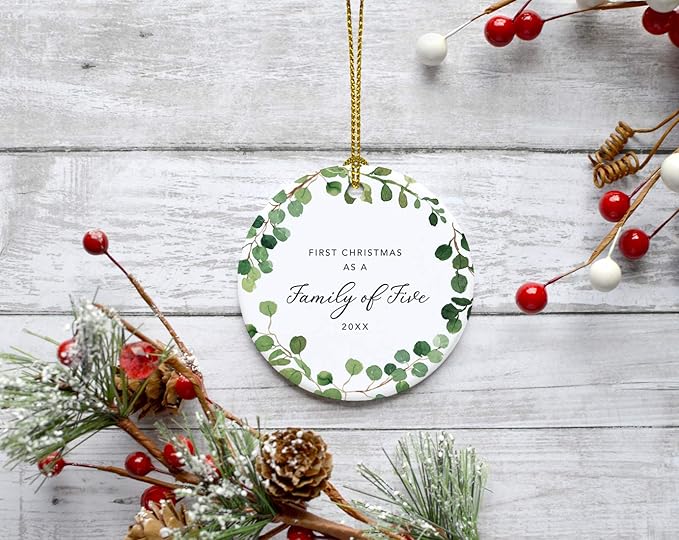 Andaz Press Custom Year Round Ceramic Porcelain Christmas Tree Ornament Keepsake Collectible Gift, First Christmas as a Family of Five 2025, Farmhouse Eucalyptus Wreath, 1-PackNew