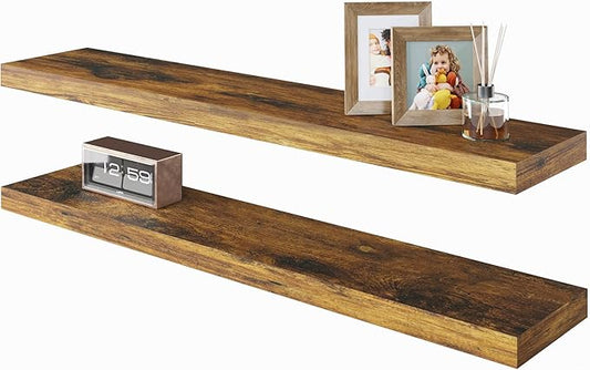 BAMEOS Floating Shelves, 31W x 7D Rustic Brown Wall Mounted Wooden Shelves with Invisible Brackets Set of 2, Hanging Wall Shelves Decoration for Bedroom, Bathroom, Living Room and Kitchen