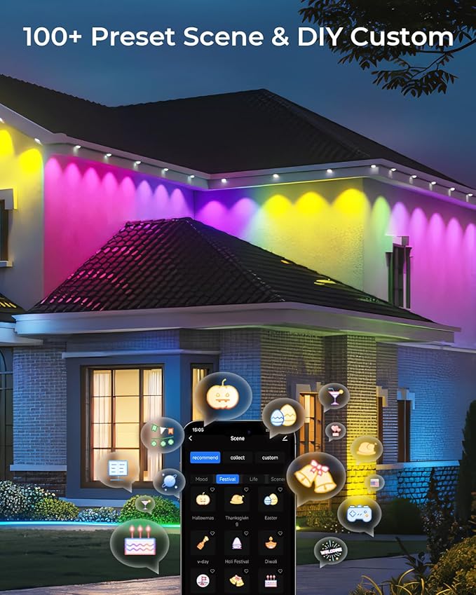 CINOTON Permanent Outdoor Lights 100ft, Smart RGBW Eaves Lights with 72 LEDs, IP67 Waterproof, 111 Scene Modes for Daily and Festival, Halloween Christmas Party Holiday Decor, APP/Voice/Remote Control