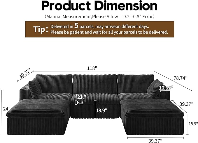 118" U Shaped Modern Sofa Modular Sectional Cloud Couch with 2 Ottoman,Upholstered Couches with Plush Corduroy Fabric for Living Room Furniture,Bedroom and Apartment,No Assembly Required,Black