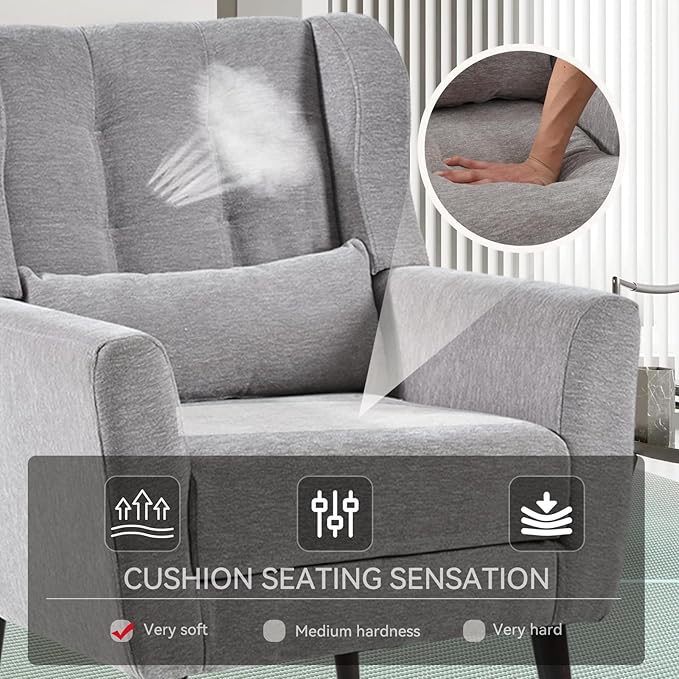 Accent Chair Set of 2, Upholstered Armchair with Pillow, Fabric Single Sofa Chair with Lounge Seat and Wood Legs Accent Chair for Living Room Small Spaces (Grey, Set of 2)