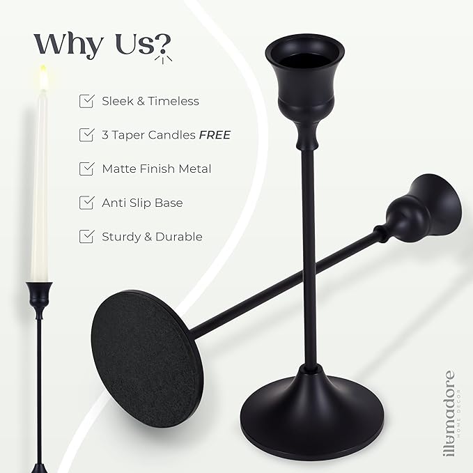 Black Candlestick Holders | Set of 3 | Metal with Matte Finish | 3 Different Sizes | Taper Candles Included | Decorative Centerpiece for Wedding, Christmas, Fireplace Mantel, Dining Table