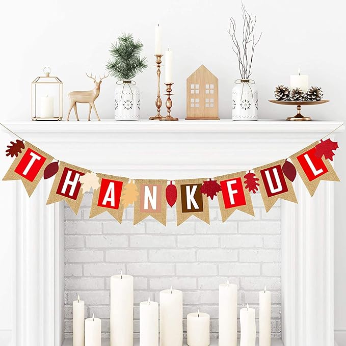 Thankful Burlap Banner Fall Autumn Maple Leaves Rustic Burlap Harvest Banner Mantel Fireplace Wall Hanging for Home Office School Party Decor Thanksgiving Decoration