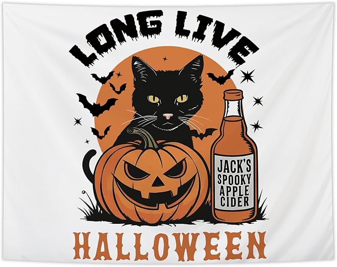 NATSUNO Halloween Tapestry, Long Live Halloween Wall Tapestry for Bedroom, Trendy Black Cat Pumpkin Apple Cider and Bats Tapestries Wall Hanging for Home Living Room Decor, 50x60 Inches