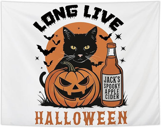 NATSUNO Halloween Tapestry, Long Live Halloween Wall Tapestry for Bedroom, Trendy Black Cat Pumpkin Apple Cider and Bats Tapestries Wall Hanging for Home Living Room Decor, 50x60 Inches