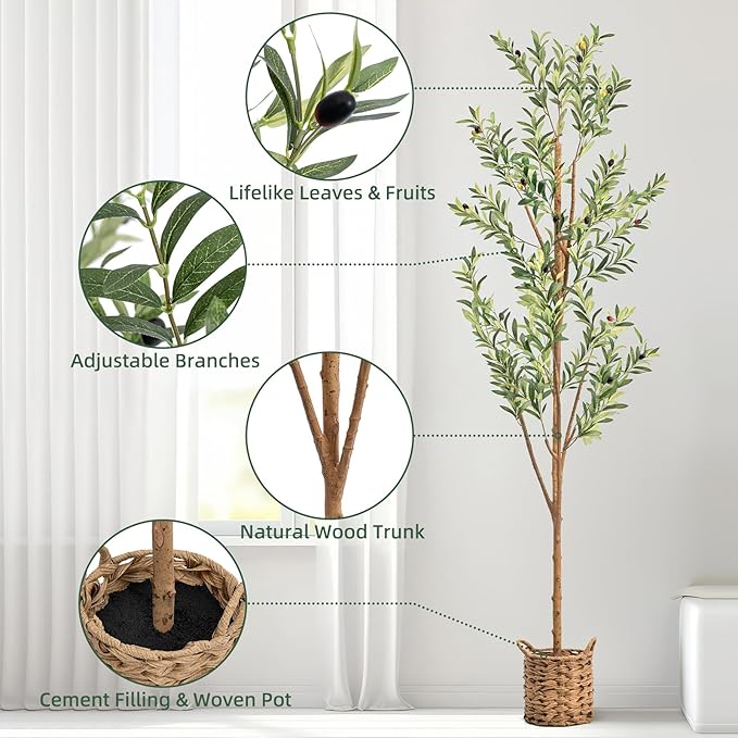 6ft Artificial Olive Tree with LED Fairy Lights, Tall Faux Potted Plant with Woven Basket - Natural Wooden Trunk & Lifelike Leaves & Fruits for Indoor Home Office Foyer Decor Housewarming Gift