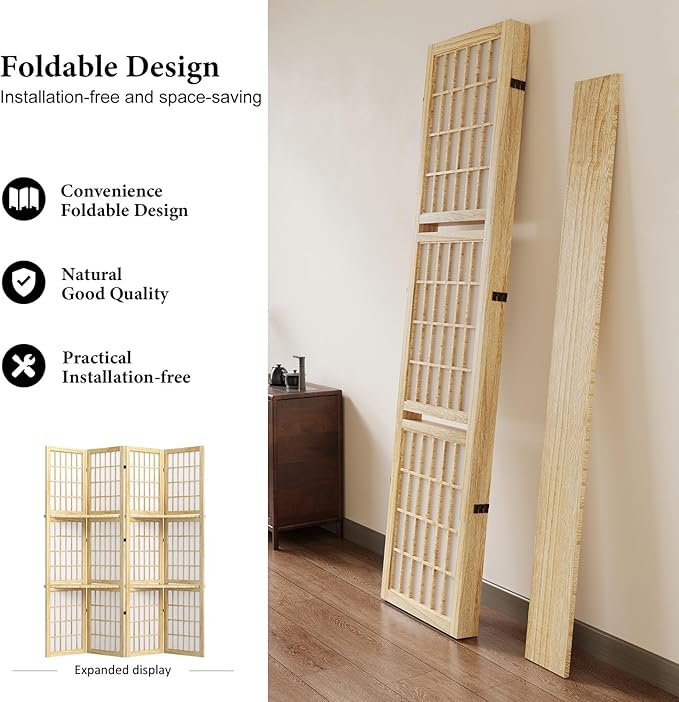 5.6FT Room Divider and Folding Portable Partition Screen, Chinese Japanese Shoji Style with Three Display Shelves for Room Separation - 4 Panel (Natural)