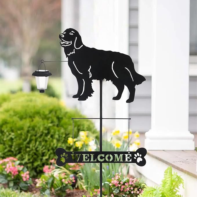 BAYN Solar Golden Retriever Garden Stakes Decorative with a Lantern Dog Silhouette Welcome Sign Outdoor Garden Decor for Yard, Lawn, Patio, Pathway