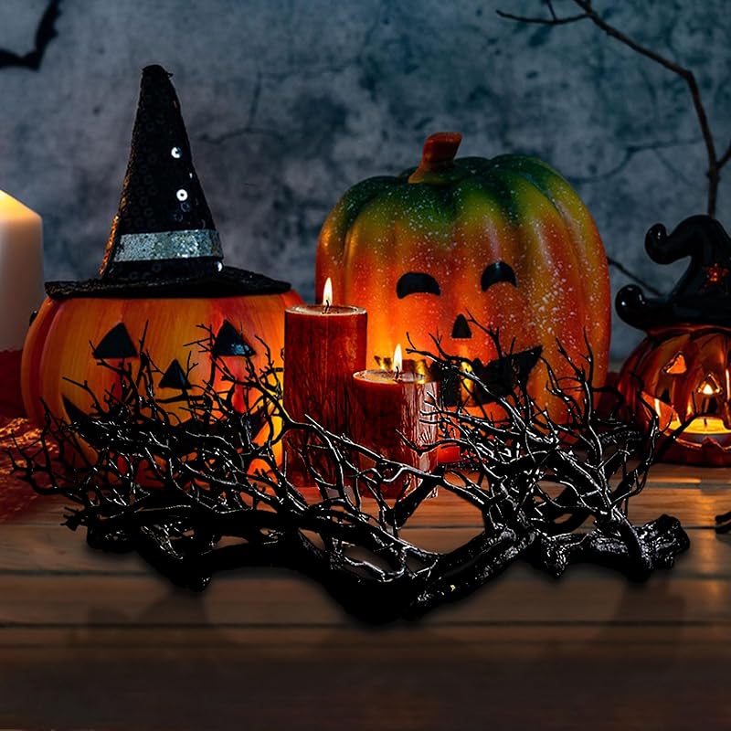 Halloween Black Branch Wreath Signs for Front Door with Red Lights,Handcrafted Halloween Horror Wreath for Indoor Outdoor Party Window Wall Decor Farmhouse Garland Yard