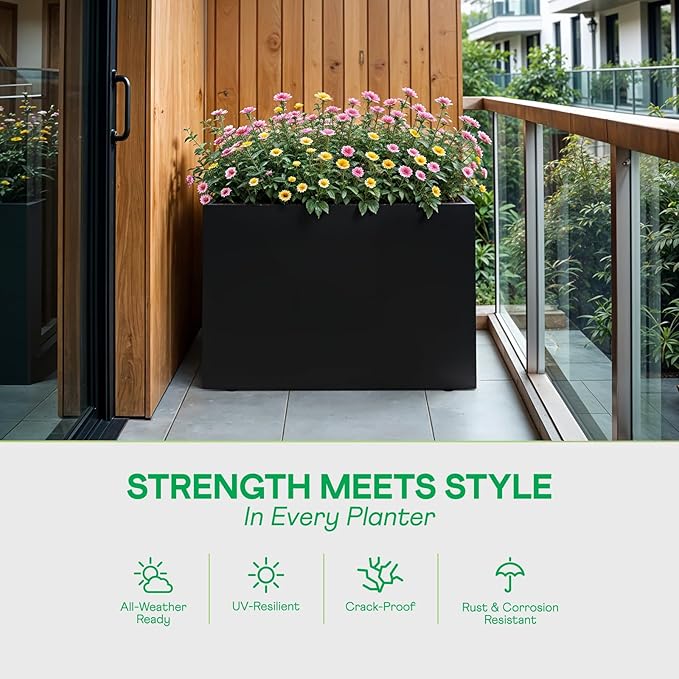 IDZO Metal Planter Box, Privacy Trough for Patio, Rectangle Container for Outdoor Plants, Tall Large Rectangular Steel Bed for Outdoor Greens with Drainage Holes & Adjustable Feet, Black