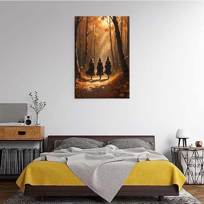 JFHCQJPK Three witches walking in the forest in autumn canvas painting gothic poster halloween print country witch wall art for home decoration16x24in Frameless