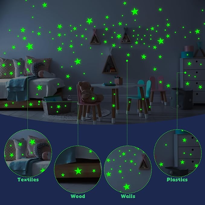 Glow in The Dark Stars Wall Stickers - 6 Sheets 307 Pcs Glowing Wall Decals Ceiling Stickers, Stick on Stars Glow in The Dark for Baby Kids Bedroom Wall Decor