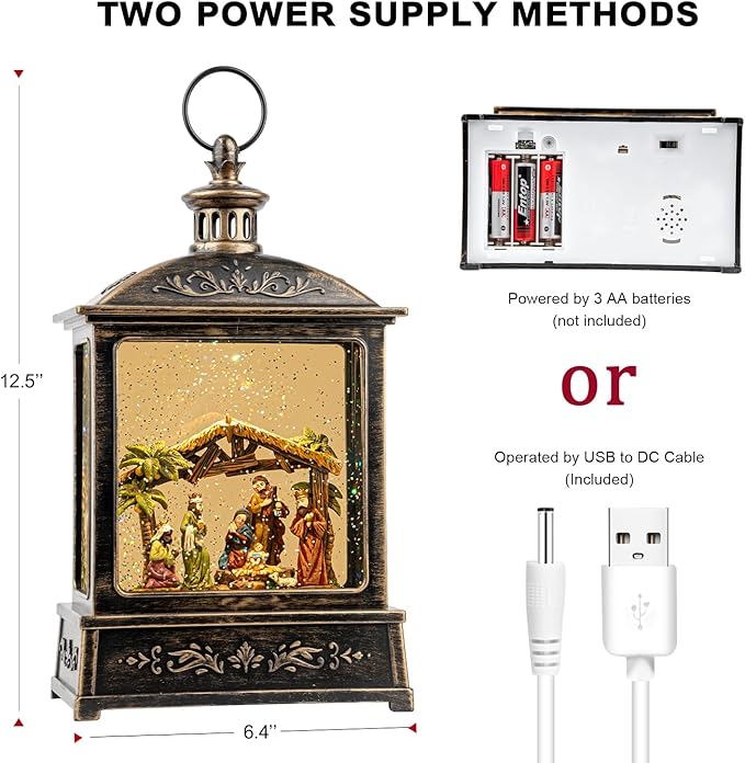 12.5'' Christmas Snow Globe Lighted Manger Nativity Scene, Musical Water Lantern Play Silent Night Music in Swirling Glitter, for Home, Battery Operated or USB Powered