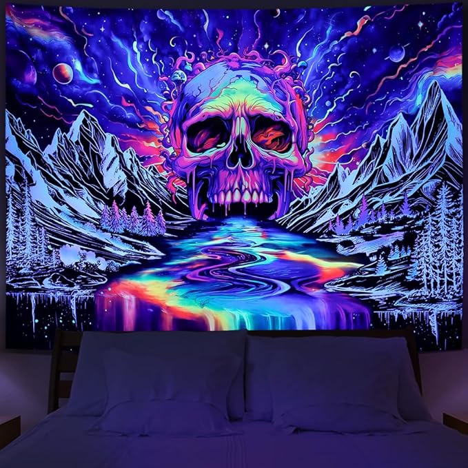 Blacklight Skull Tapestry UV Reactive Galaxy Mountain Planet Tapestries Magic Neon River Wall Hanging Aesthetic Skeleton Wall Decor Forest Trees Landscape Backdrop for Living Room