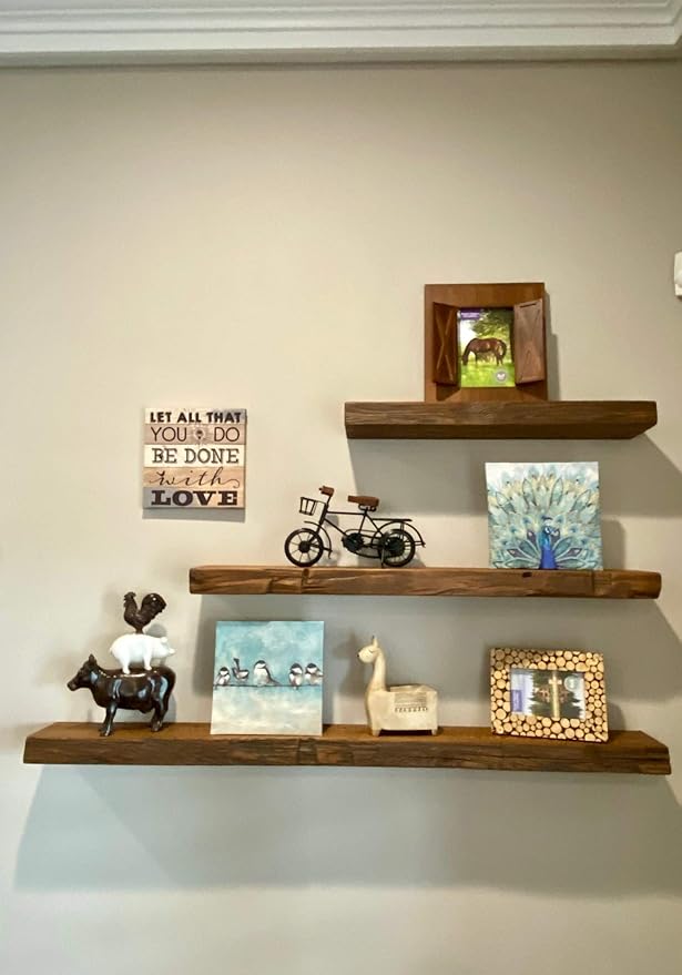 joelsantiques Floating Shelf, Wood Wall Shelf, Natural Wooden Home Decor for Bathroom Kitchen Bedroom, Hanging Mounted Invisible Bracket (Medium Brown, 7" Deep x 36" Wide)