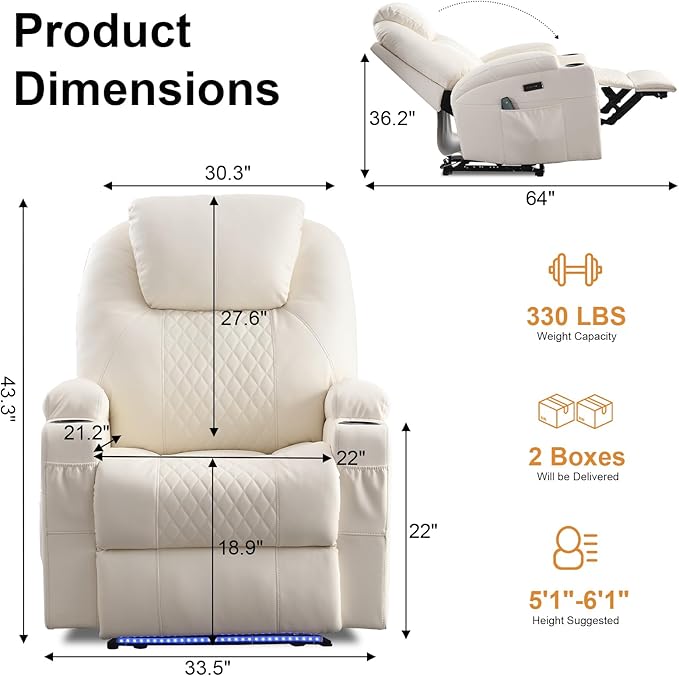 AHMED Power Recliner Chair with Vibration Massage & Heat for Adults, Faux Leather Home Theater Seating with Cup Holders/LED Lights/USB Ports/Side Pockets for Living Room, Beige