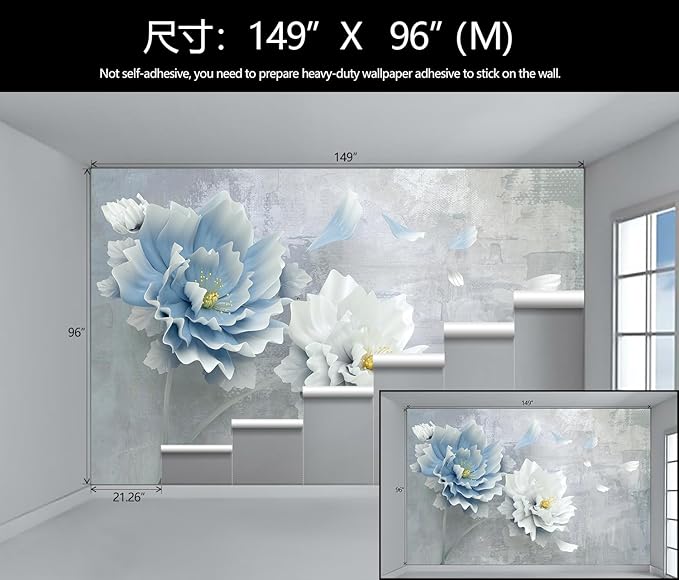 WFBHUA-Blue Floral Wallpaper Mural Modern Peony Flower Wallpaper Large 3D Art Living Room Bedroom Bathroom Wall Mural Decor (Not Peel and Stick)