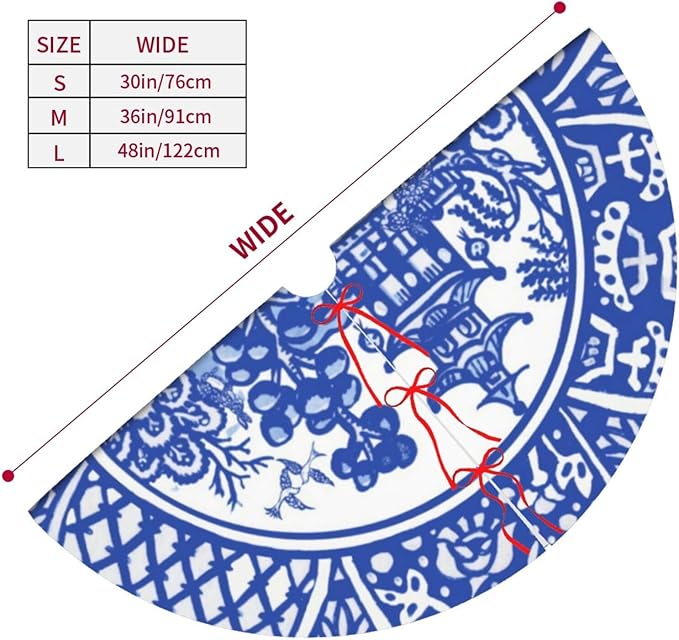 36" Large Christmas Tree Skirt, Blue Willow Oriental Rabbit Whimsical Blue & White Pattern Tree Mat Base Cover for Xmas Festive Holiday Party Decoration Ornaments