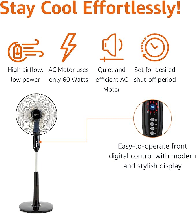 Amazon Basics 16" Pedestal Fan with Remote, Floor Fan, Standing Fan for Bedroom, Living Room, Office, with 3 Speeds, 3 Modes, Timer, Dual-Layered Blades, Adjustable Height, Tilt Head, 60W, Black