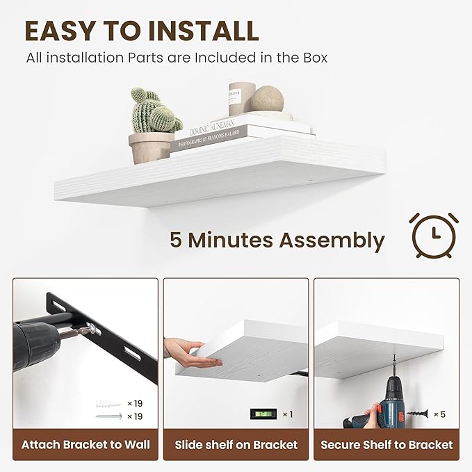 36 Inch Floating Shelves, 11.6 Inch Deep Floating Shelves for Wall, Floating Shelf with Invisible Brackets, Deep Shelves for Bathroom, Bedroom, Living Room, 2 Pack, White