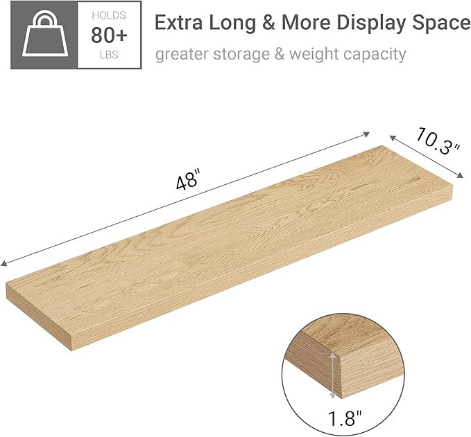 Single Floating Shelves Oak 48 Inches, 48 x 10 inch Deep x 1.8 in Thick, Long Wall Shelves Heavy Duty 80 lbs for Bedroom, Living Room, Kitchen, Office, Modern Shelf Book Home Decor