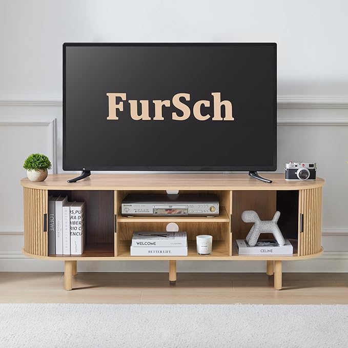 54" Tambour Door TV Stand,Wood Mid Century Modern TV Cabinet for Up to 65“ TV,Curved Edge Long TV Stand with Storage for Bedroom Living Room(Natural, 54inch)