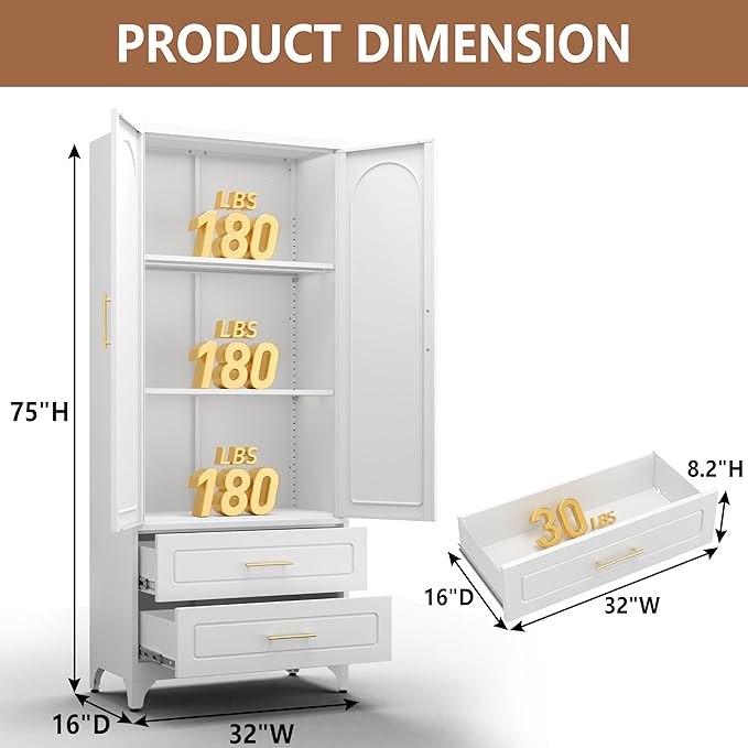 Kitchen Pantry Cabinet, 75" Tall Metal Pantry Cabinet with Two Drawers, Food Cupboards with Doors and Shelves, Freestanding Storage Cabinets for Dining, Living Room, White, Assemble Required