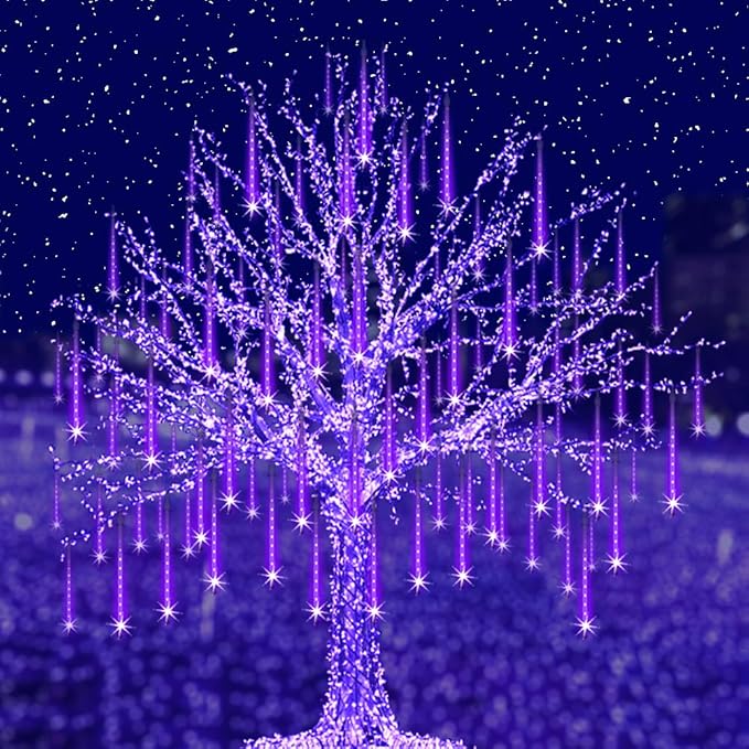 Purple Christmas Lights Outdoor Meteor Shower Lights 8 Tubes 192 LED Falling Rain Dripping Icicle Light for Xmas Christmas Decor Halloween Decorations, Halloween Light Outdoor, UL Plug