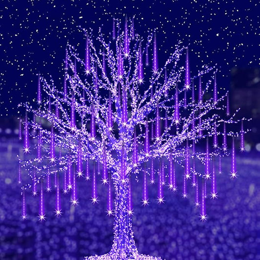 Purple Christmas Lights Outdoor Meteor Shower Lights 8 Tubes 192 LED Falling Rain Dripping Icicle Light for Xmas Christmas Decor Halloween Decorations, Halloween Light Outdoor, UL Plug
